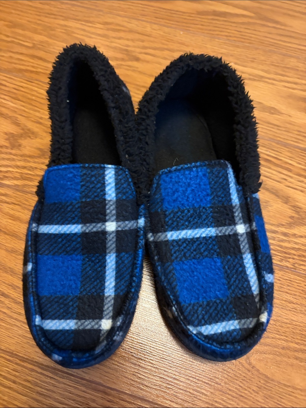 Kids Blue Plaid Cozy Slip-On Slippers